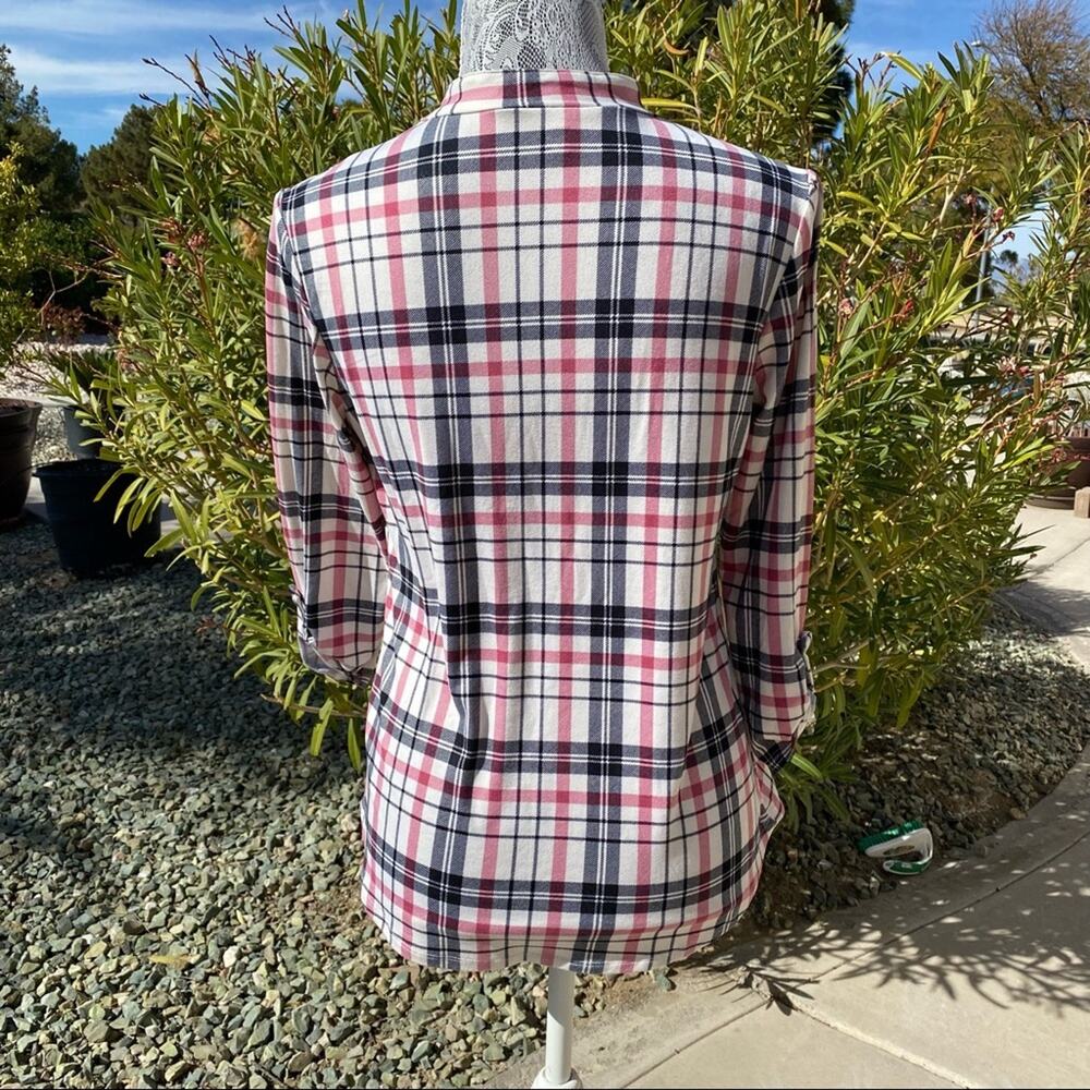 CLAUDIA RICHARD PETITES Plaid V-Neck Henley Blouse 3/4 Sleeve Top Shirt Petite S - Picture 2 of 9